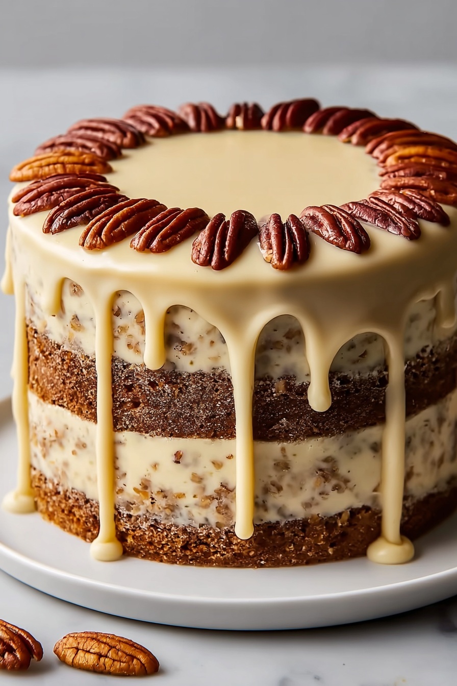 A slice of pecan praline cake with a creamy drip glaze.