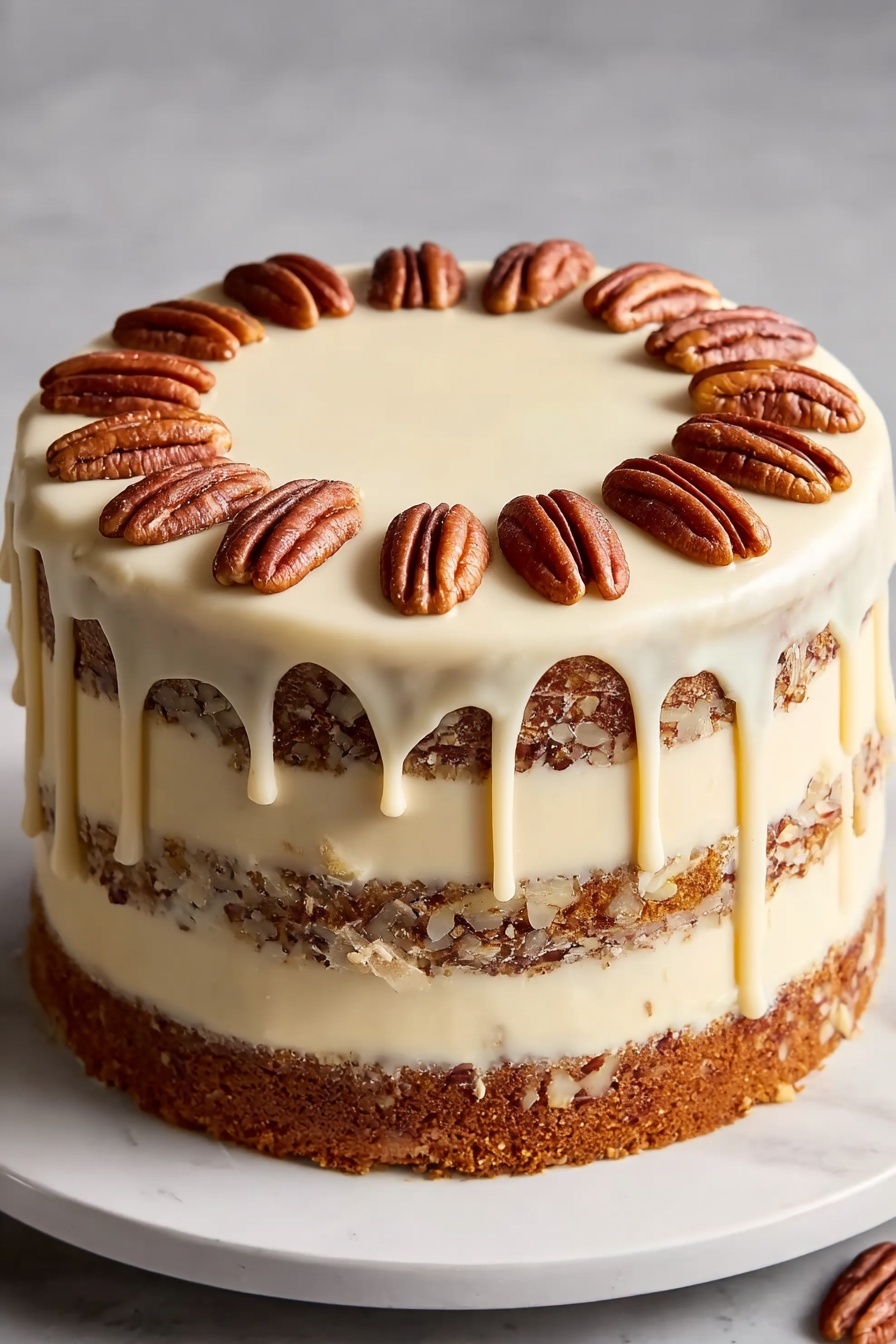 A slice of pecan praline cake with a creamy drip glaze.