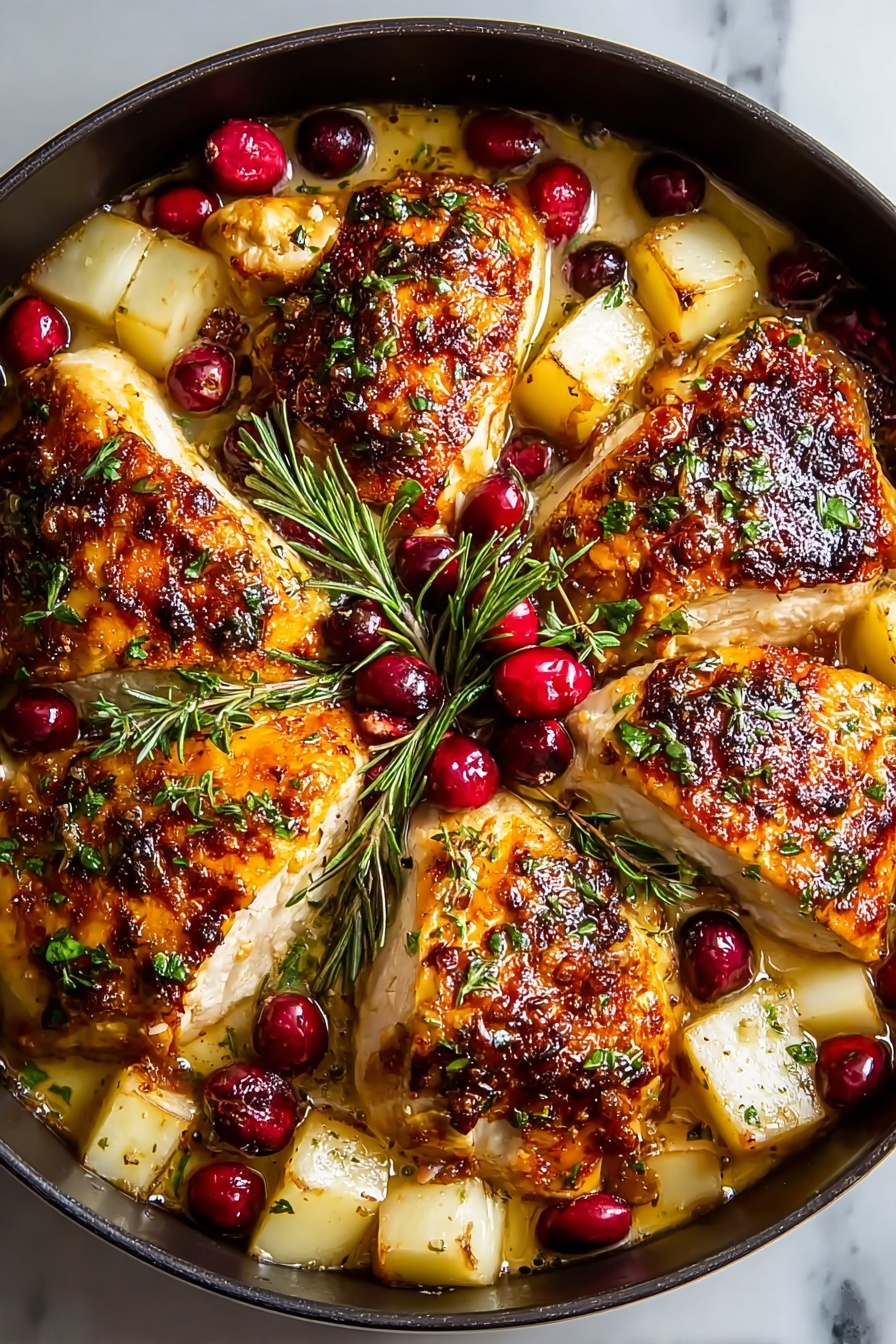 A close up of a chicken dish with cranberries and herbs.