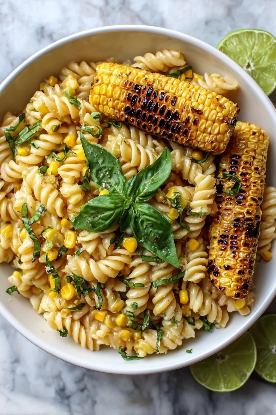 A bowl of creamy street corn pasta salad.