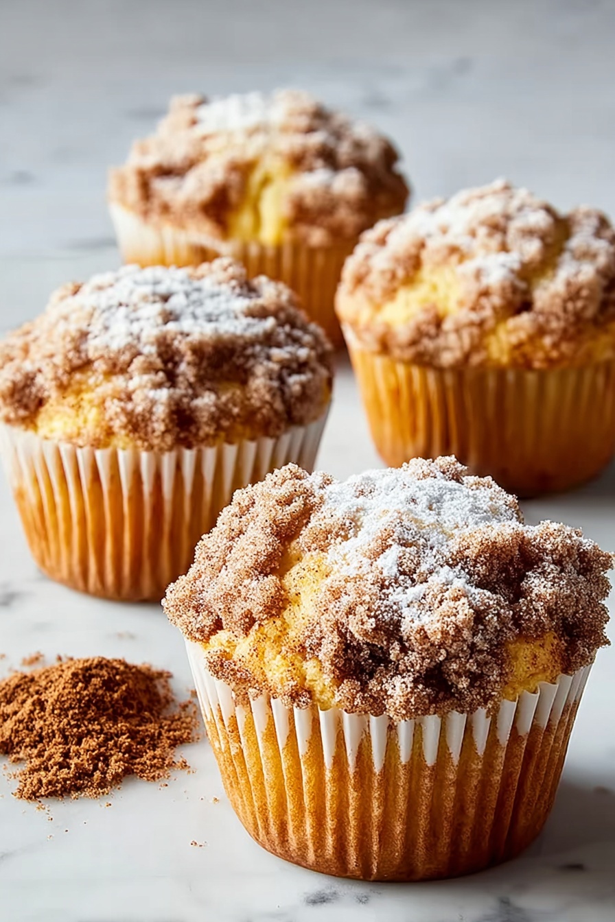 Three muffins with cinnamon and sugar on top.