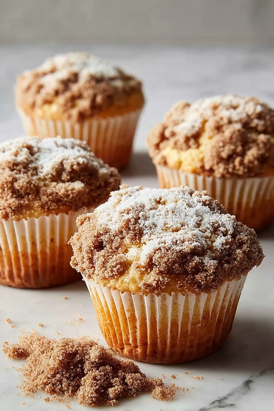 Three muffins with cinnamon and sugar.