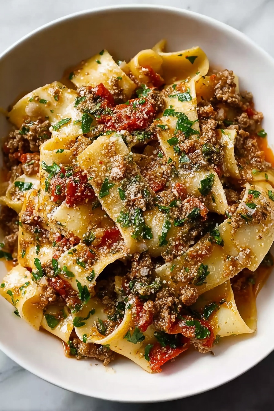 A bowl of pasta with meat and tomatoes.