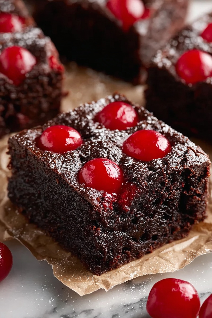 A square of chocolate cake with cherries on top.