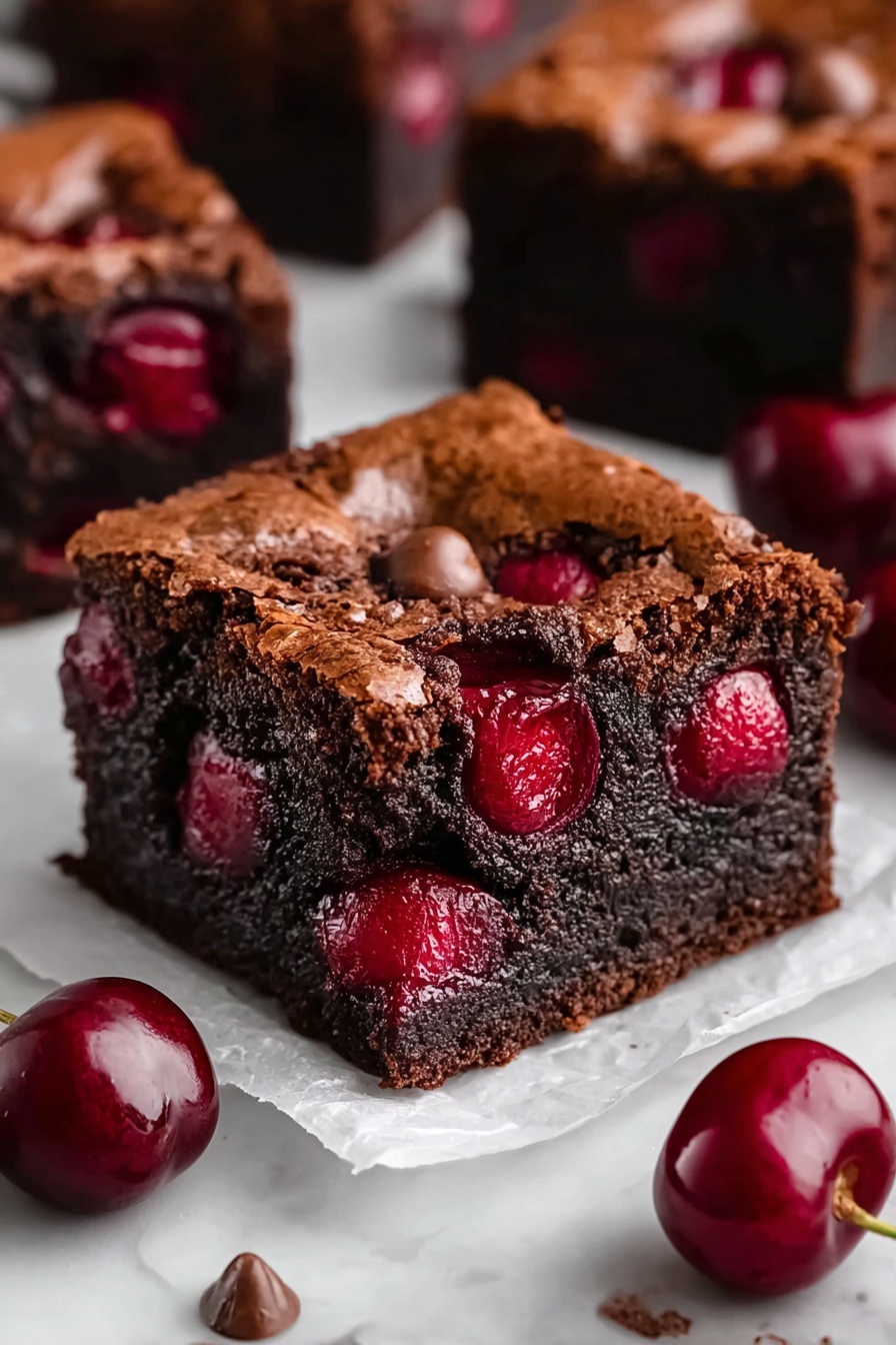 A square of chocolate cake with cherries on top.