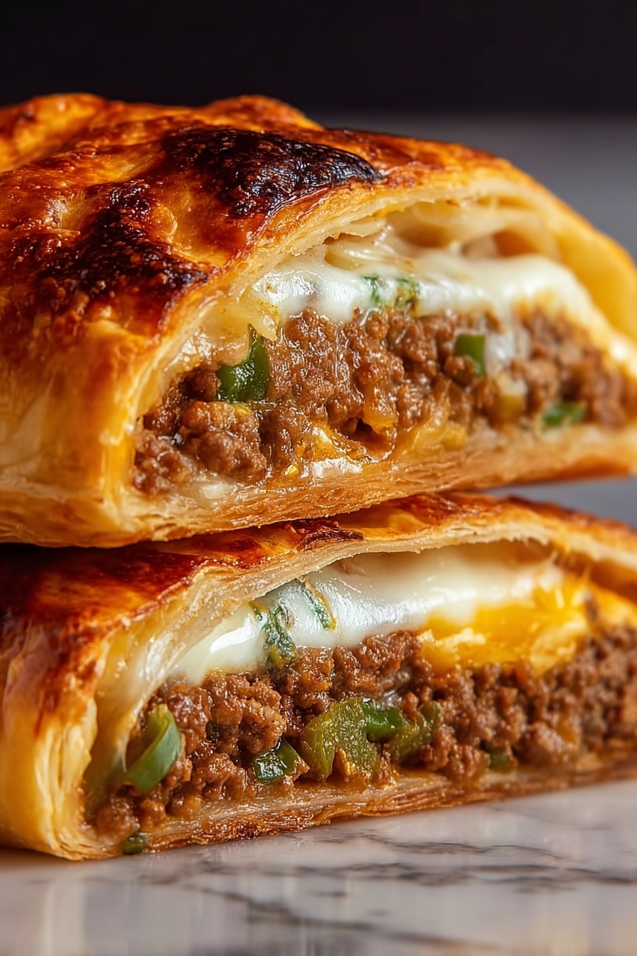 A cheesesteak hot pocket with meat and cheese.