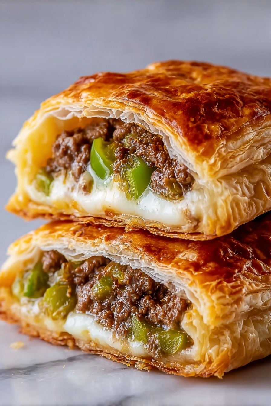 A cheesesteak hot pocket with meat and peppers.