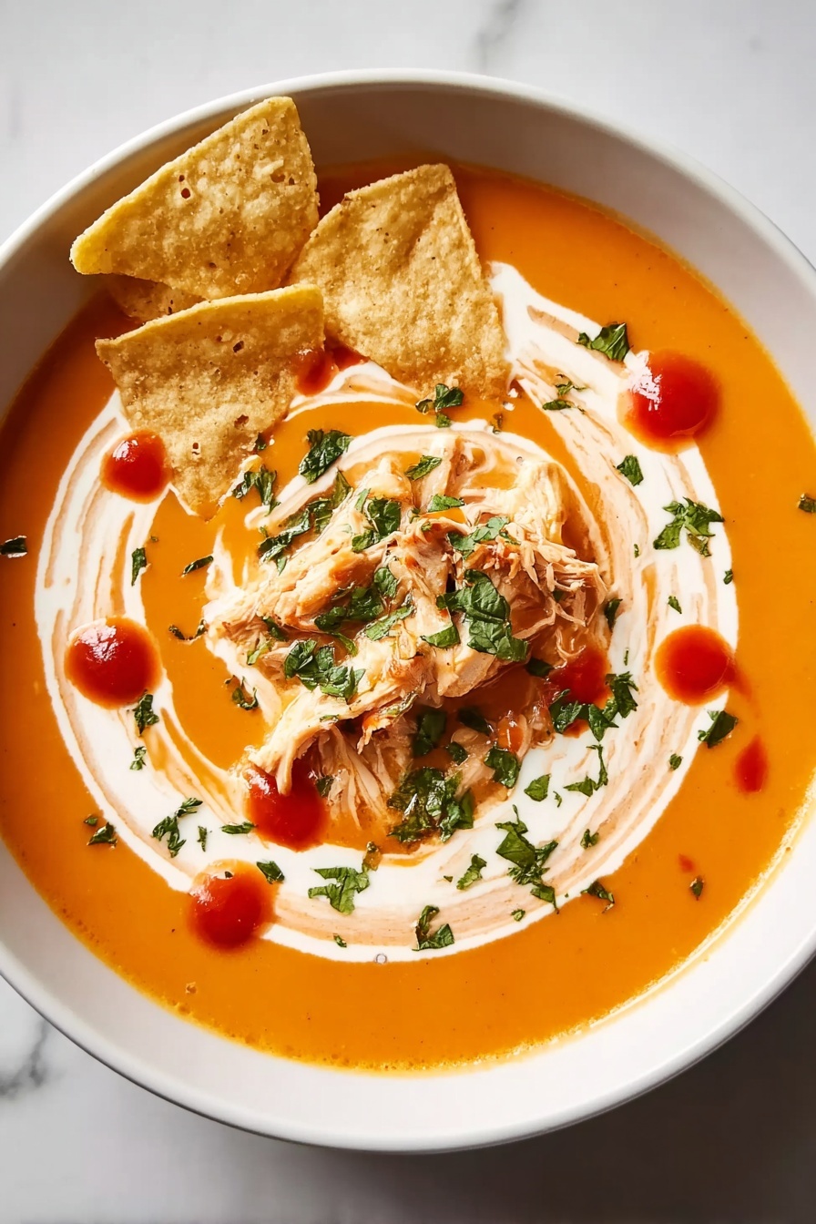A bowl of creamy chicken tortilla soup with chips on top.