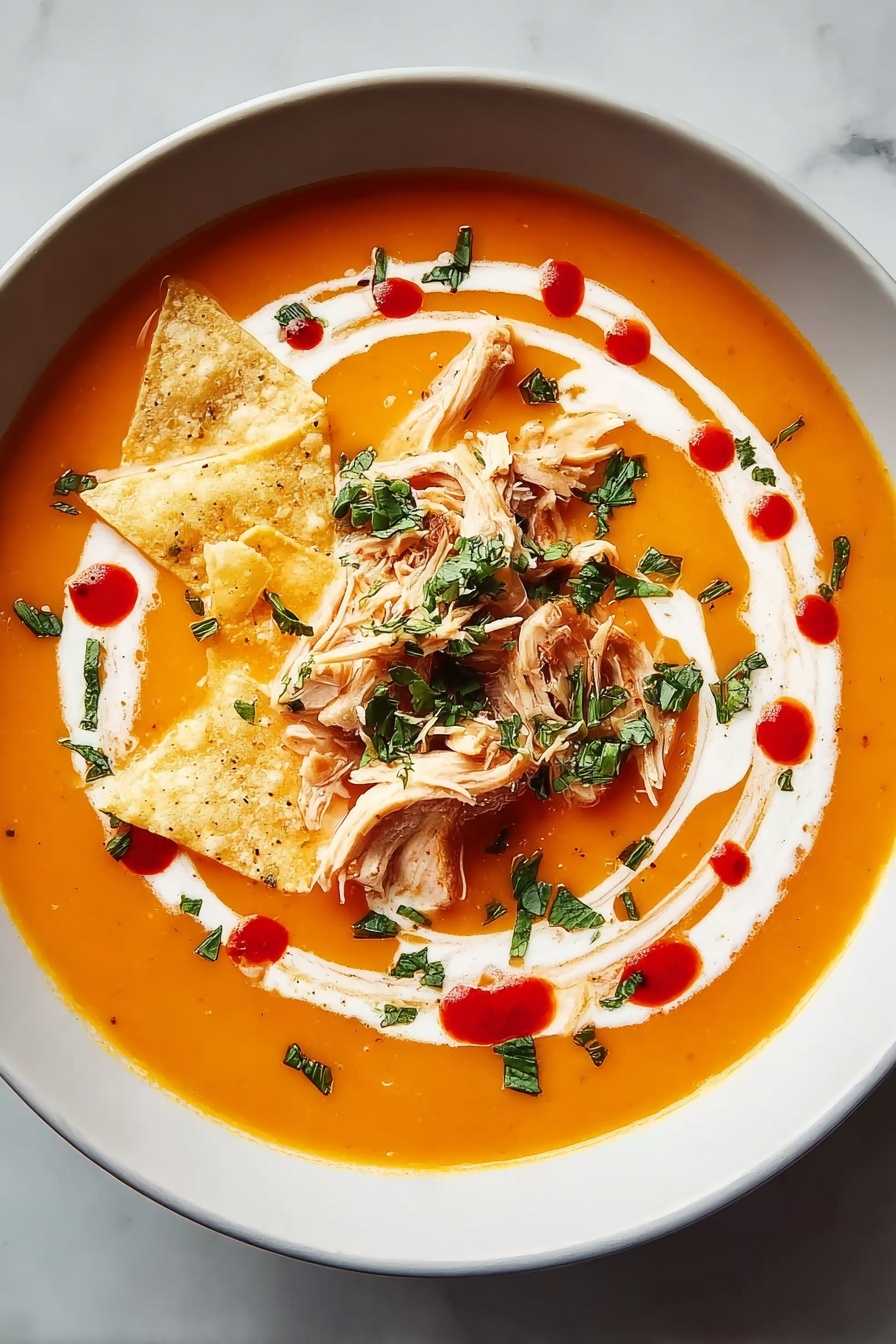 A bowl of creamy chicken tortilla soup.