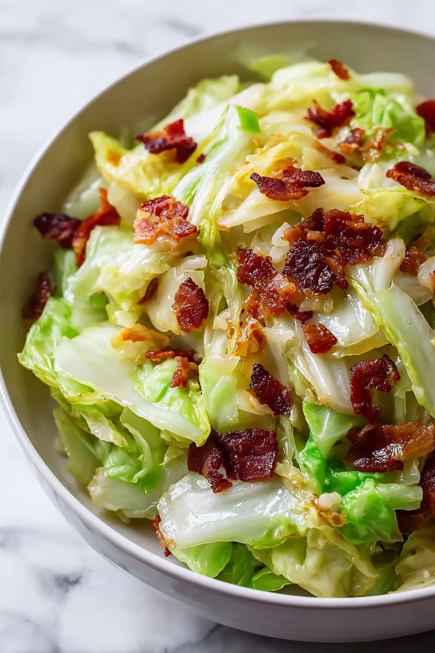 A bowl of fried cabbage with bacon.