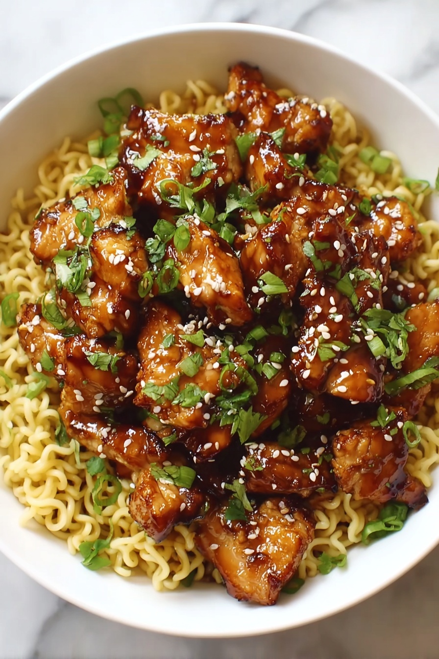 A bowl of Kung Pao Chicken Noodles.