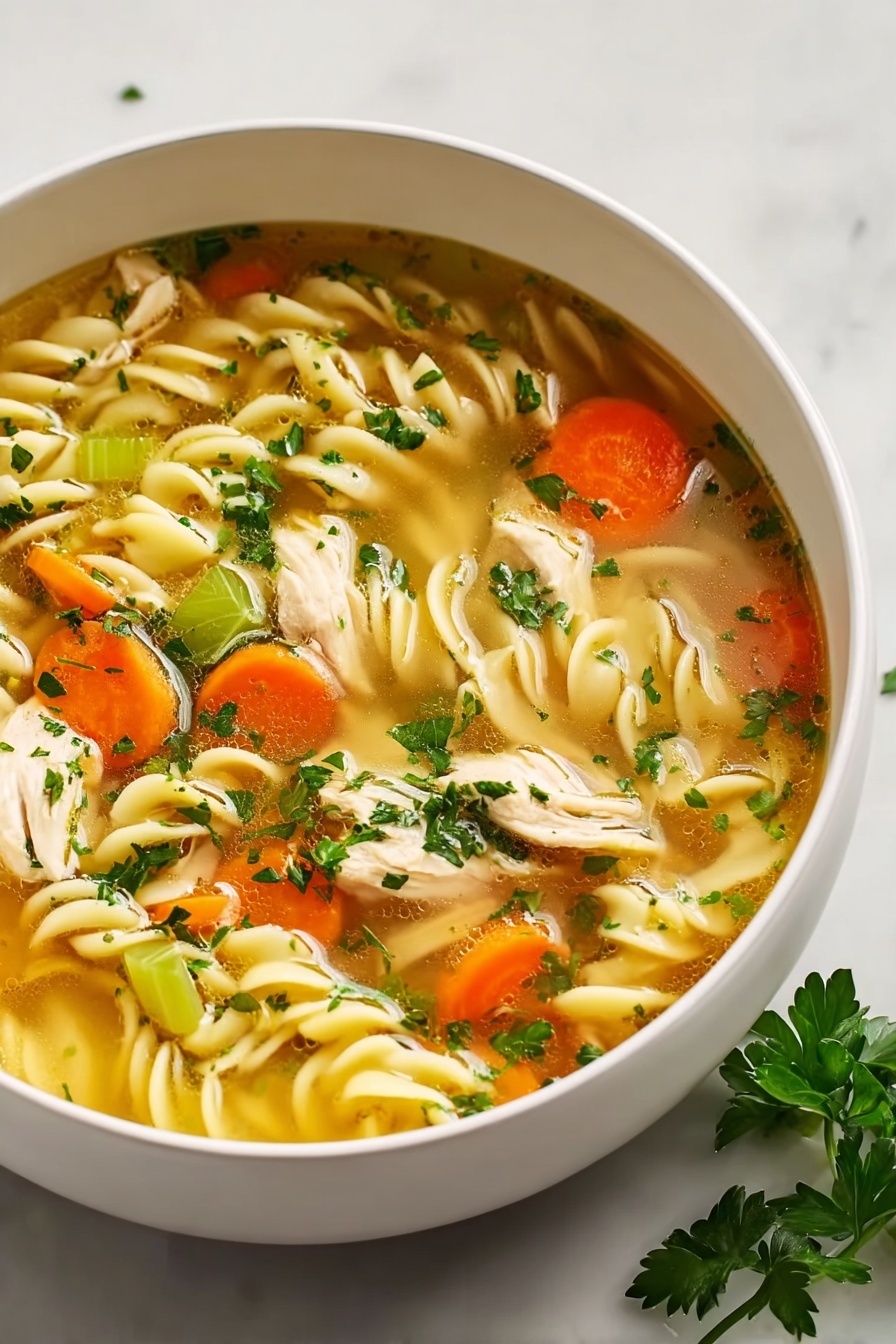 A bowl of chicken noodle soup with carrots and herbs.