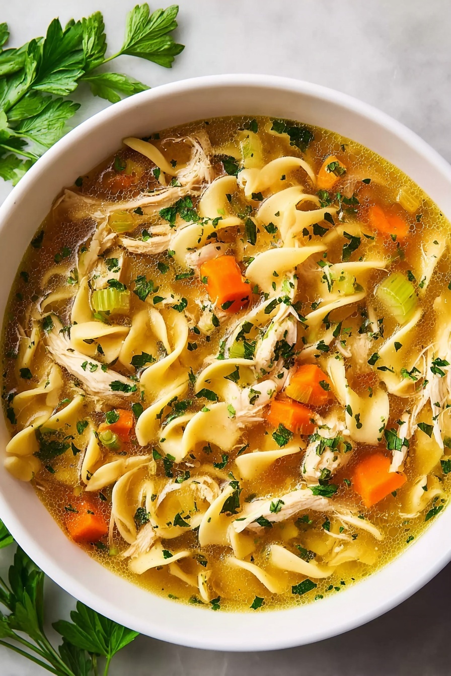 A bowl of chicken noodle soup.
