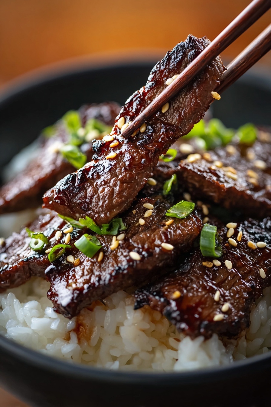 A close up of a plate of Korean beef bulgogi.