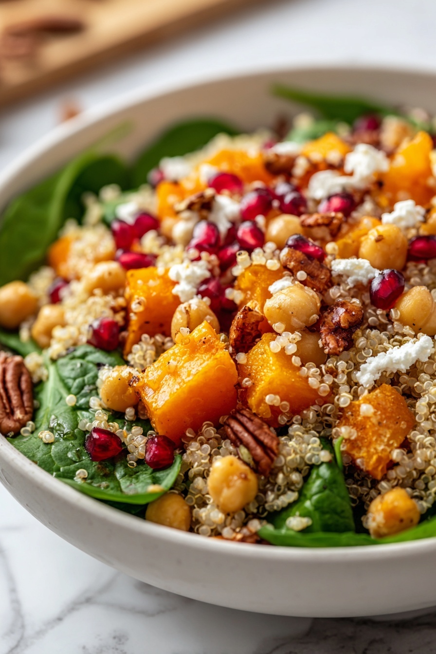 A bowl of roasted butternut squash quinoa salad.