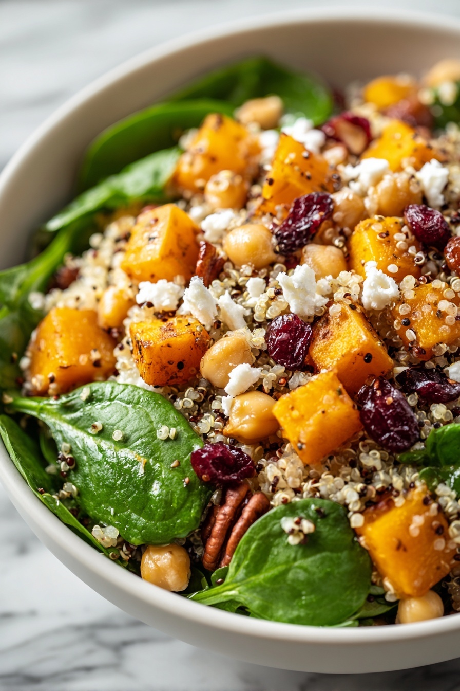 A bowl of roasted butternut squash quinoa salad.