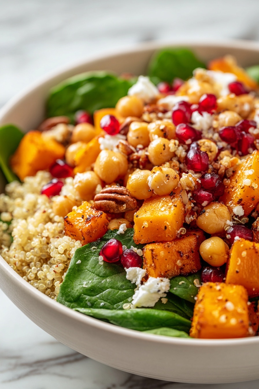 A bowl of roasted butternut squash quinoa salad.
