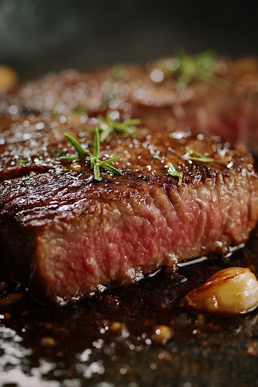 A piece of steak with herbs on it.