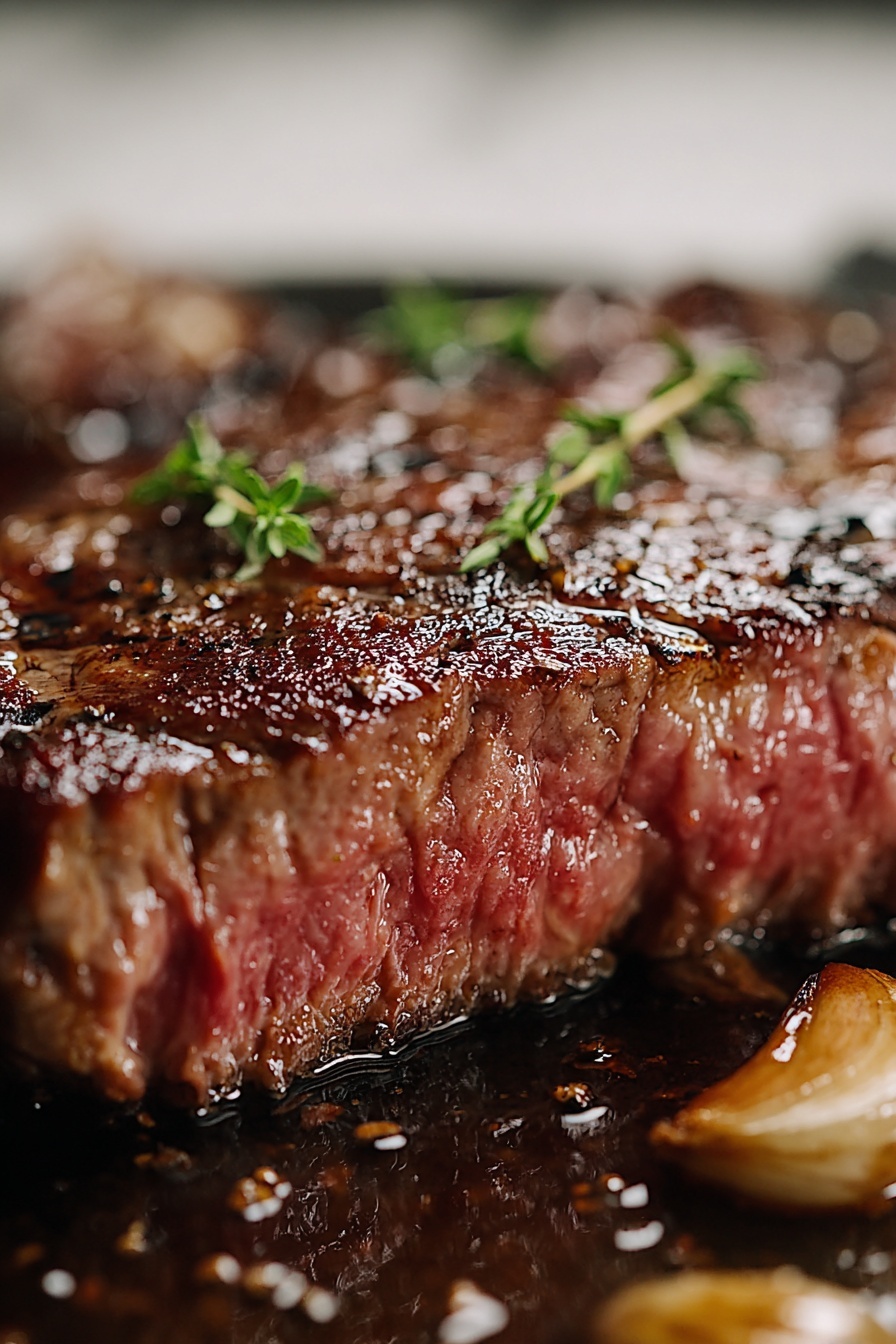 A close up of a steak on a plate.