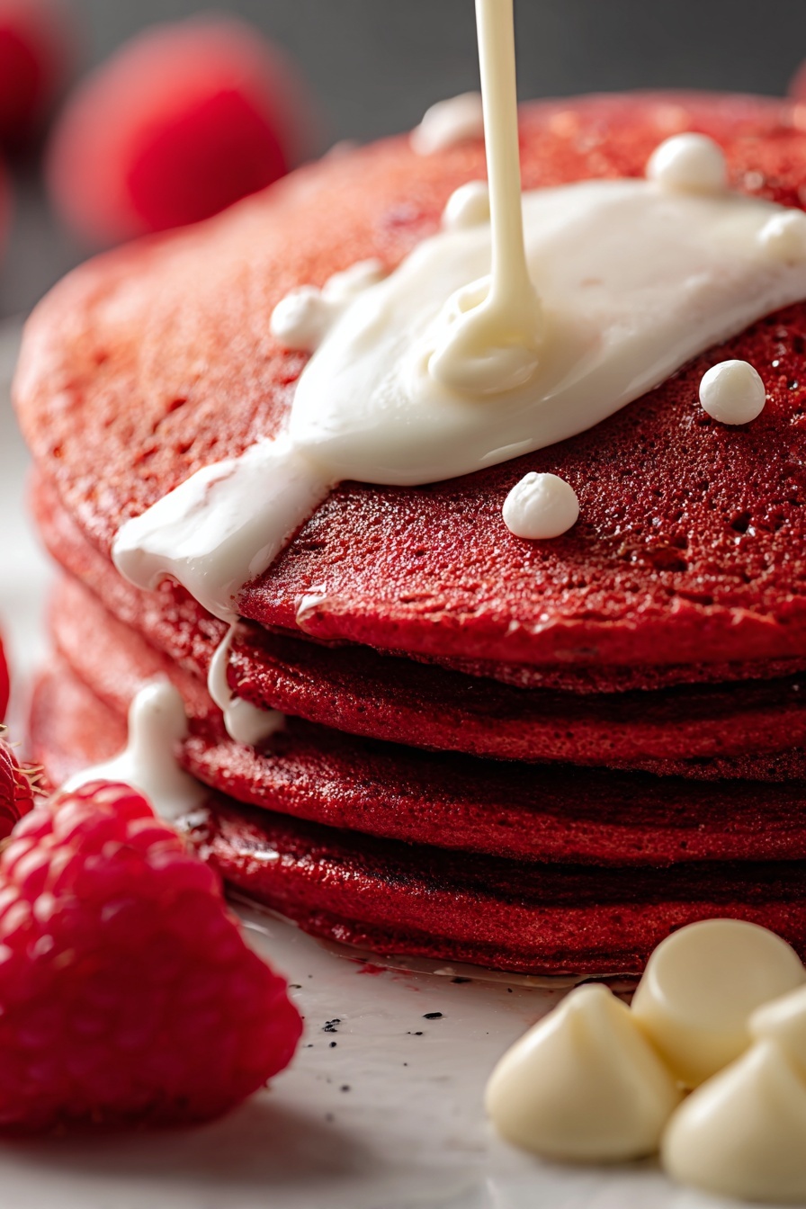 Red velvet pancakes with white cream.