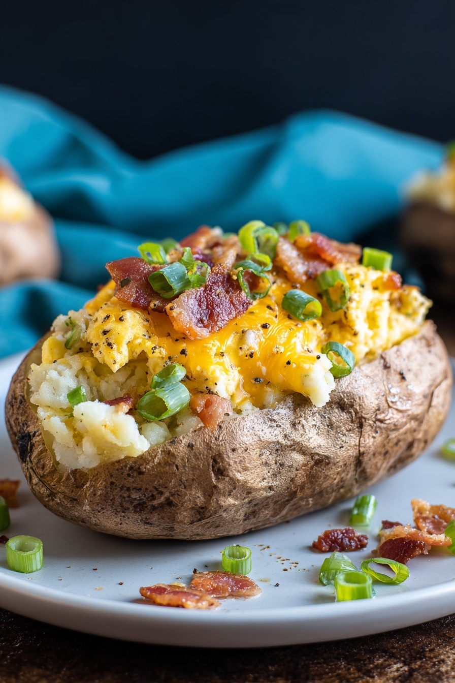 Twice baked loaded breakfast potatoes with bacon and cheese.