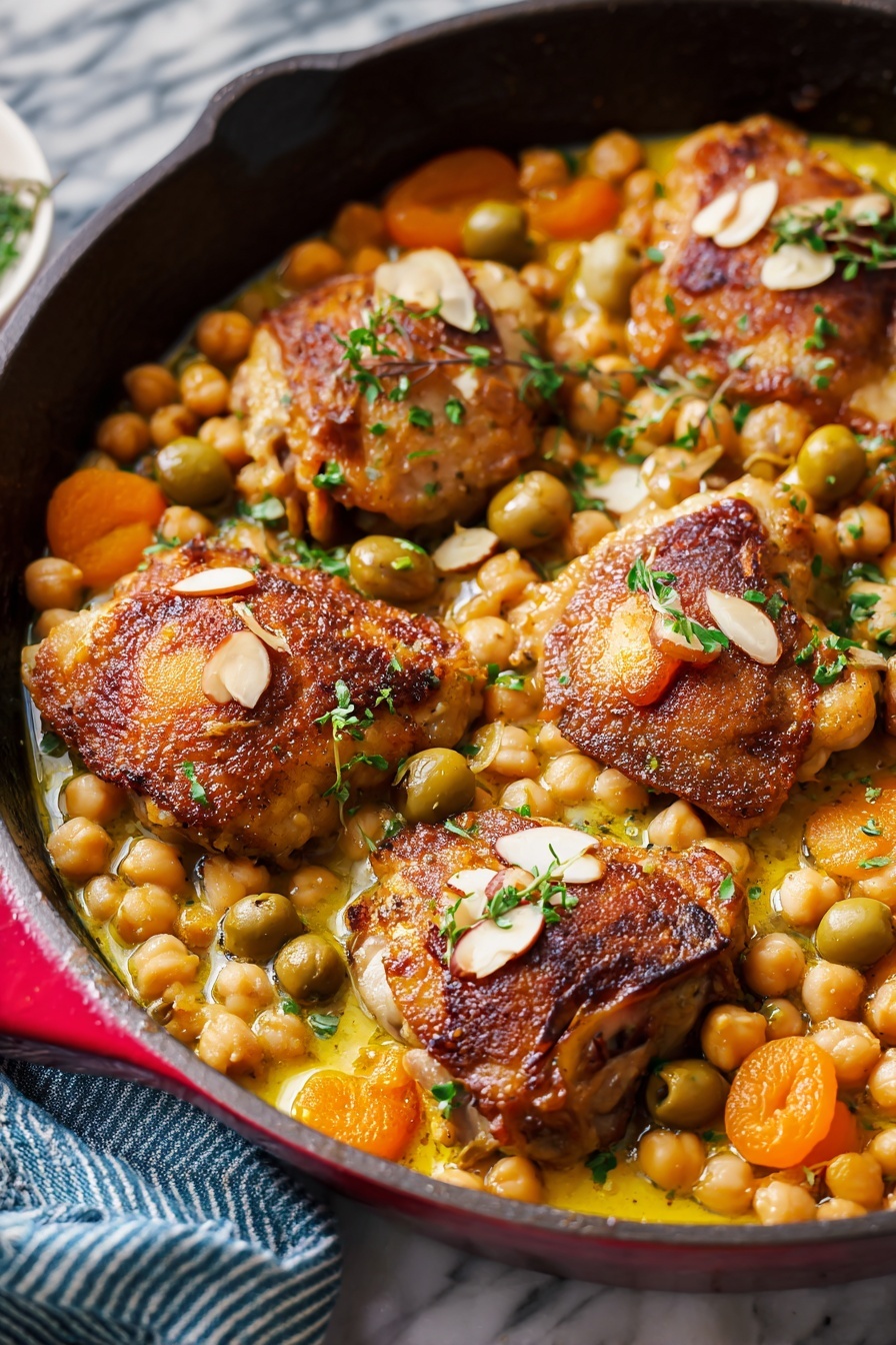 A dish of chicken with green olives and almonds.