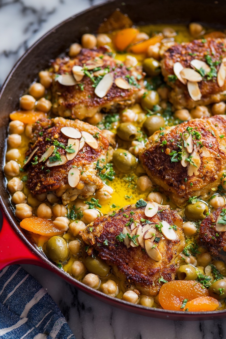 A dish of chicken with almonds and olives.