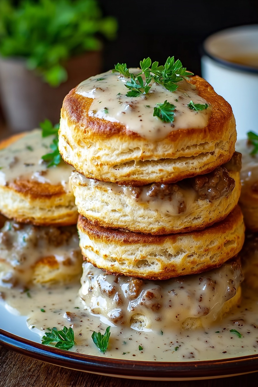 Biscuits and gravy stacked on a plate.