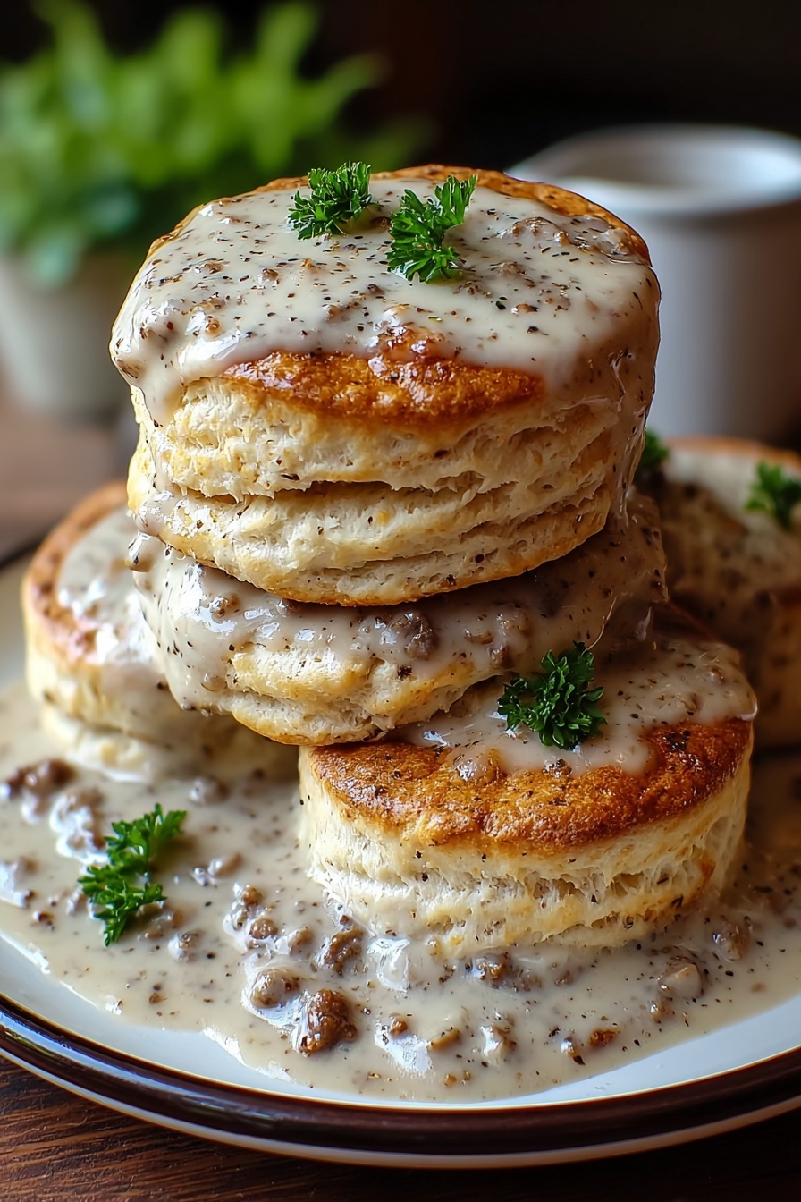 Biscuits and gravy stacked on a plate.