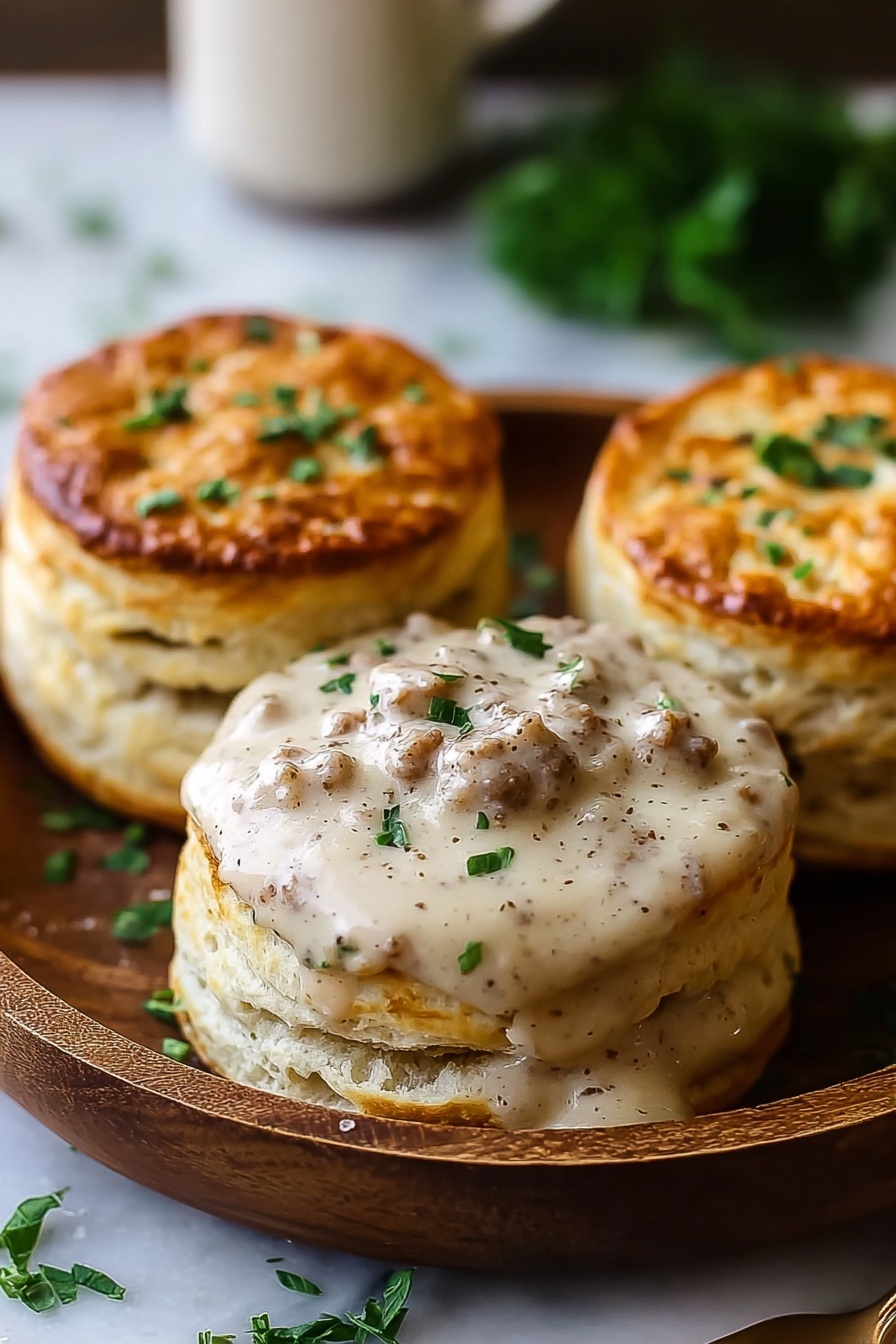 Three biscuits and gravy on a wooden platter.