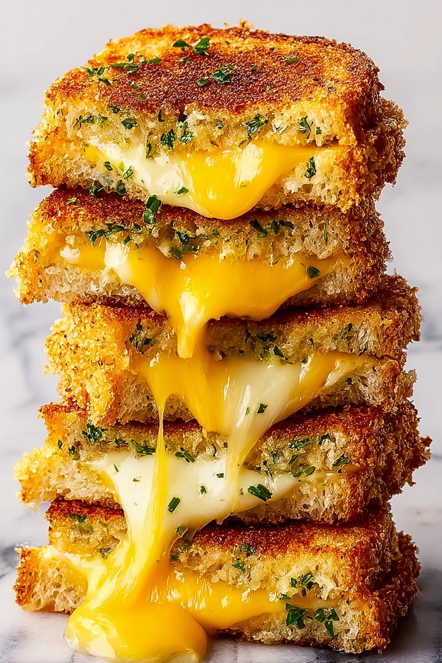 A stack of grilled cheese sandwiches with garlic butter.