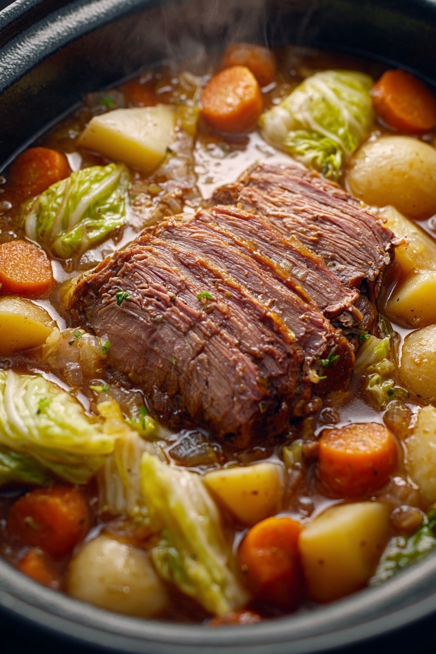 A close up of a corned beef and cabbage dish.