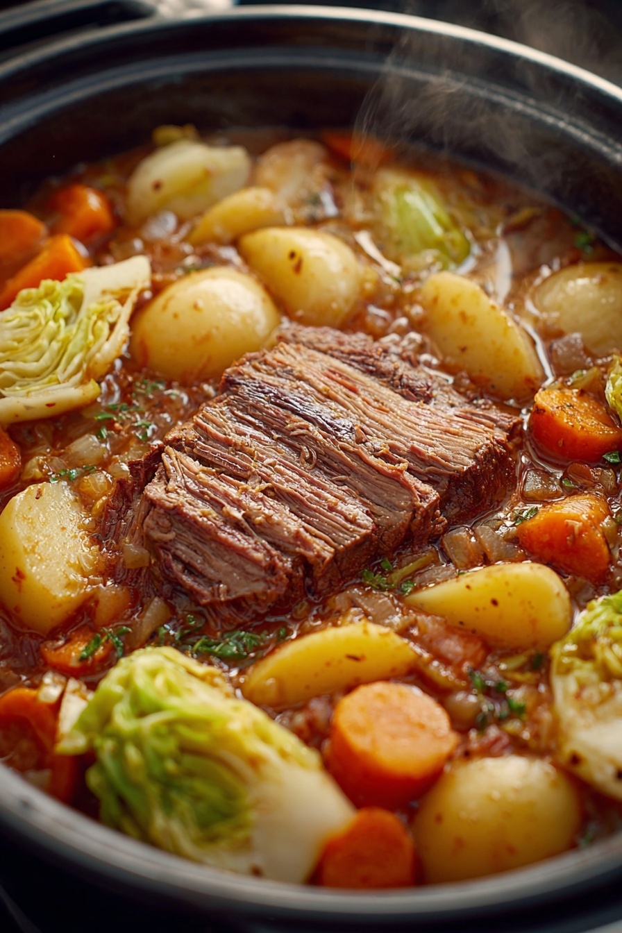 A close up of a corned beef and cabbage dish.