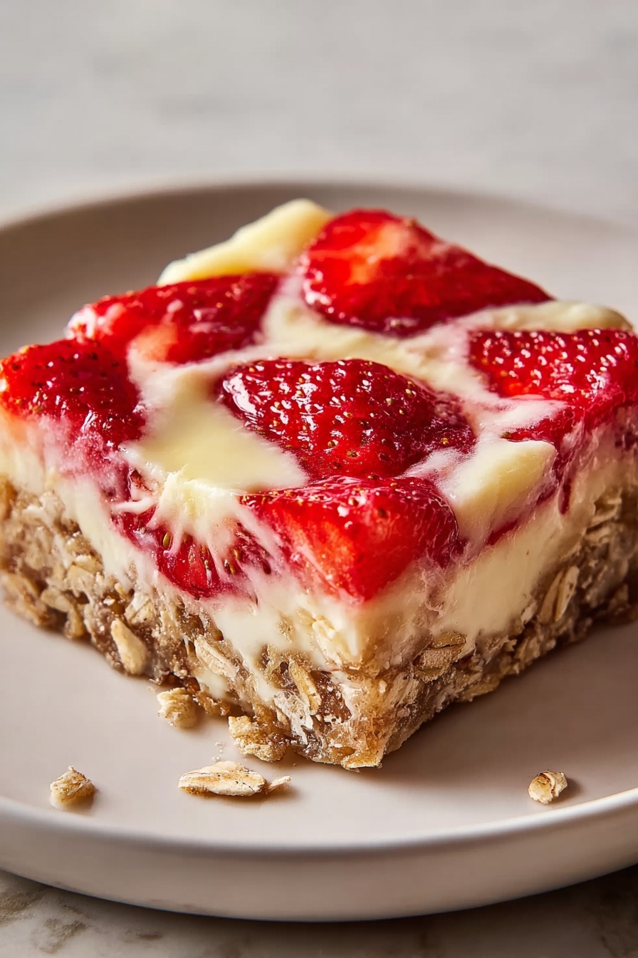 A slice of strawberry cheesecake baked oatmeal.