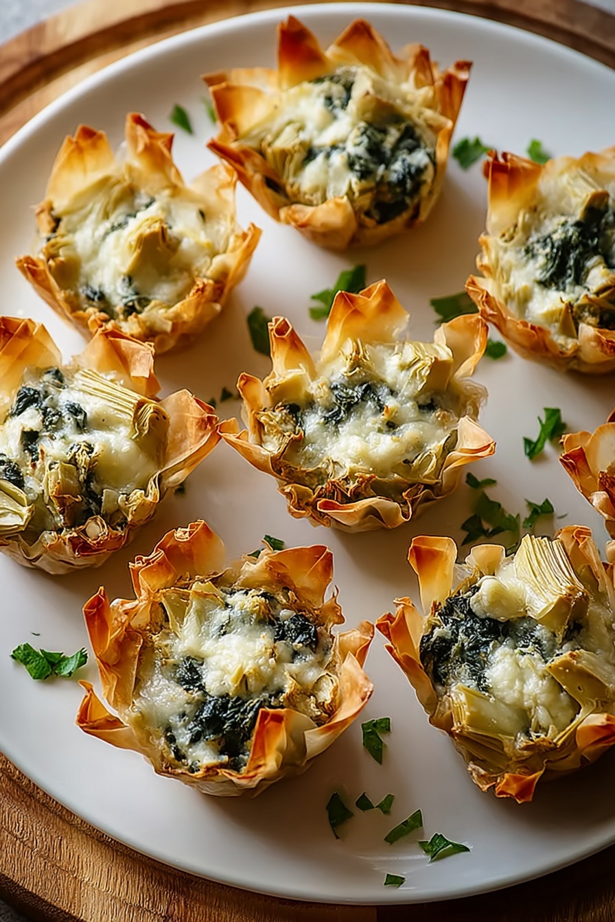 A plate of spinach artichoke dip cups.