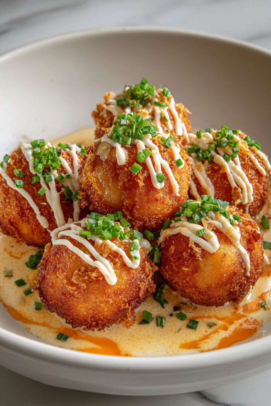 Deep-fried onion balls with sauce.