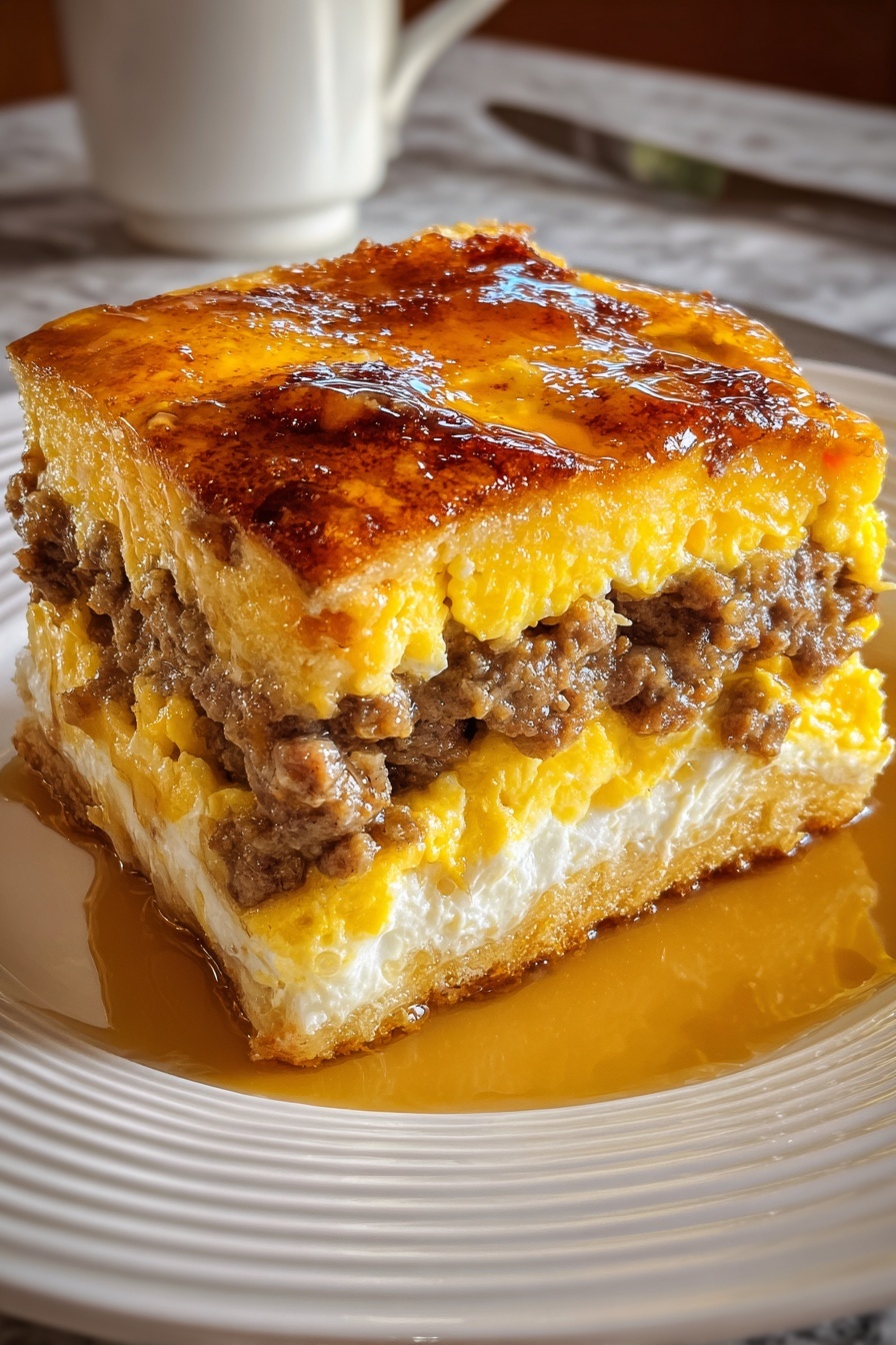 A close up of a pancake casserole with sausage.