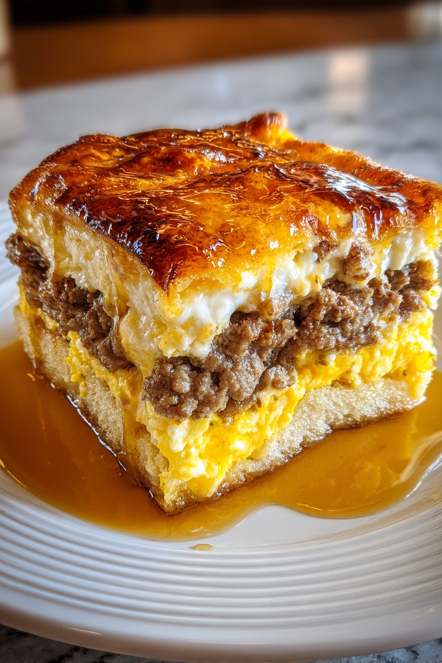 A slice of sausage and egg casserole.