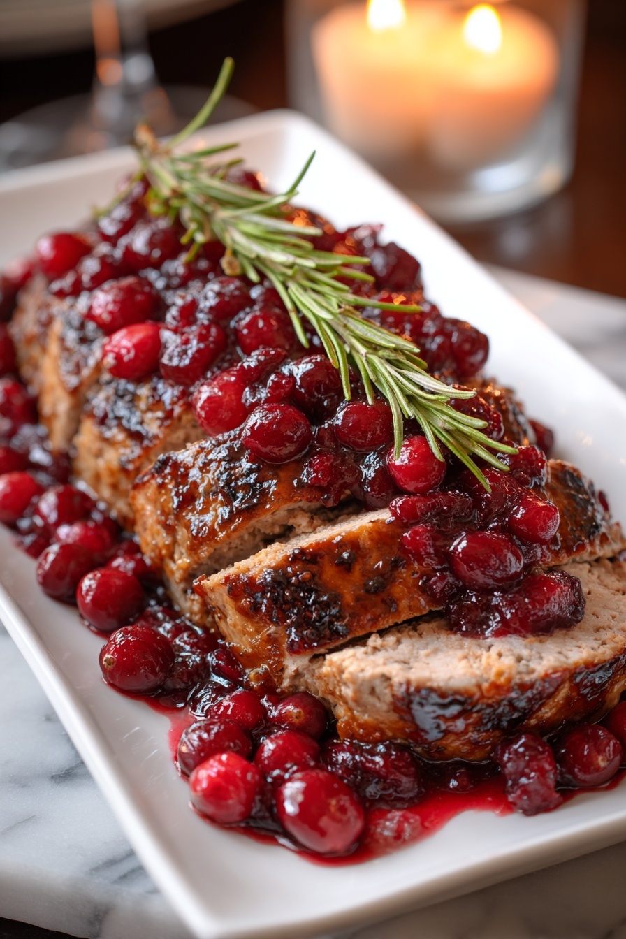 A glazed pork tenderloin with cranberries and herbs.