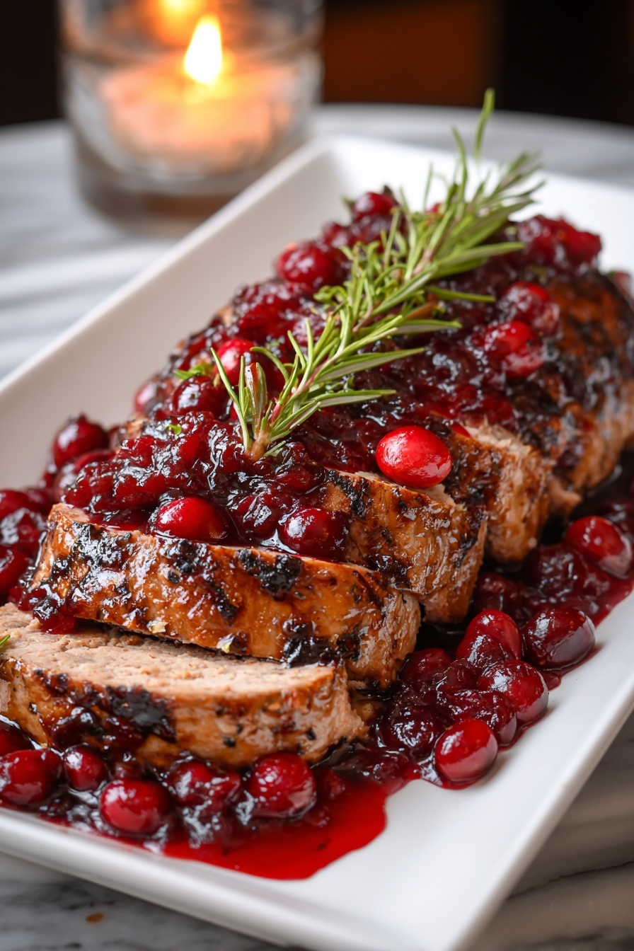 A glazed pork tenderloin with cranberries.