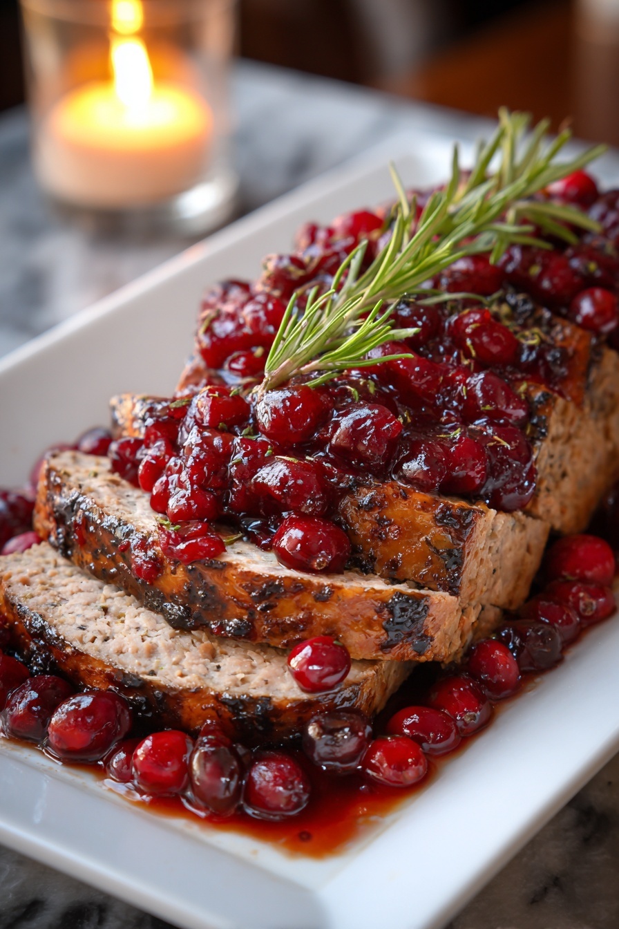 A glazed pork tenderloin with cranberries.
