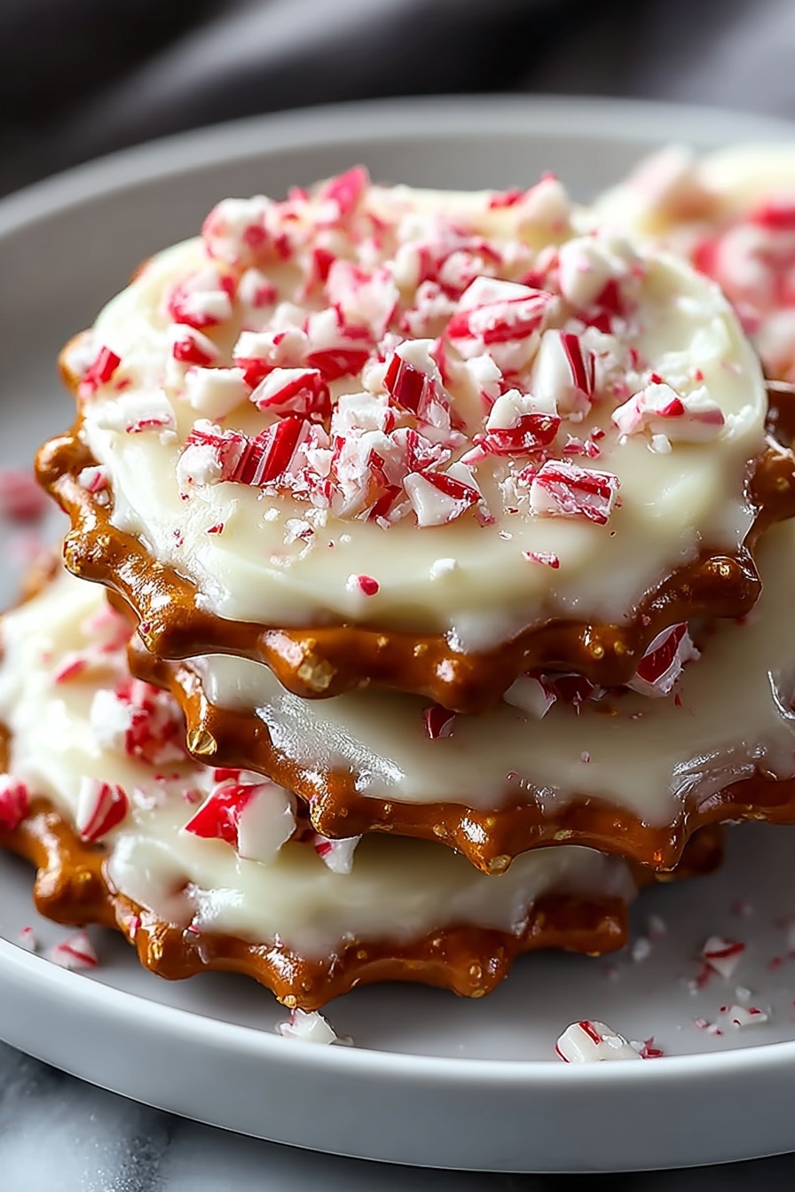 A stack of white chocolate peppermint pretzel crisps.