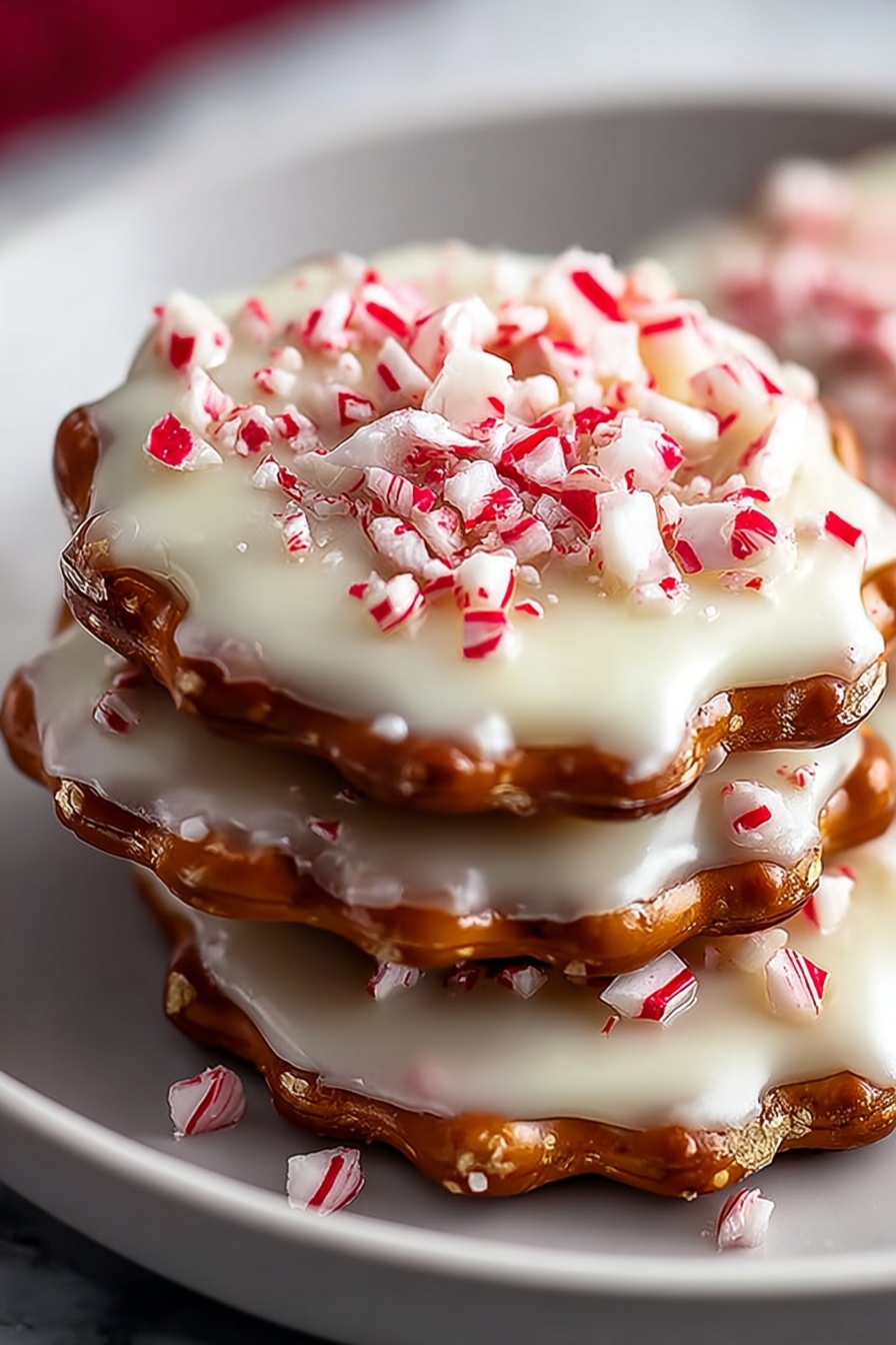 Stack of white chocolate peppermint pretzel crisps.