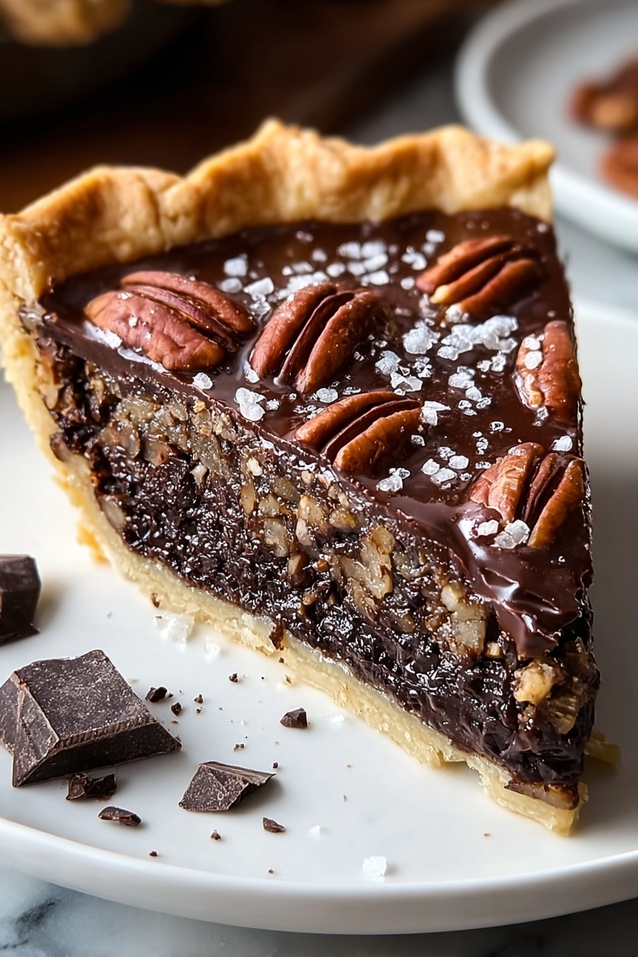 A slice of Texas Chocolate Pecan Pie.