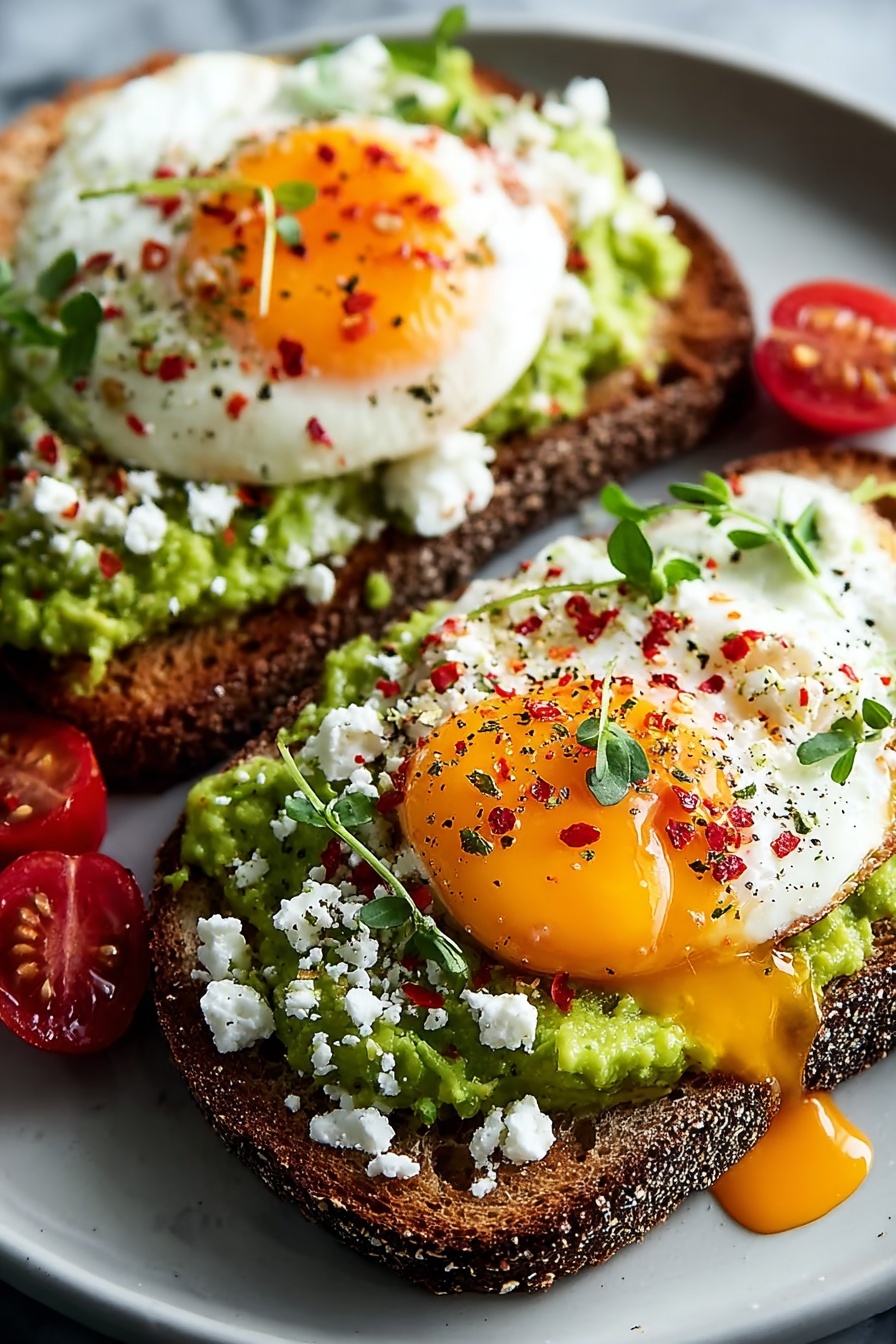 Two toast with eggs and tomatoes.