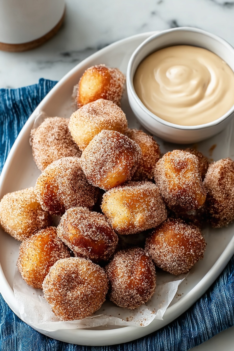 A plate of sugar coated donuts.