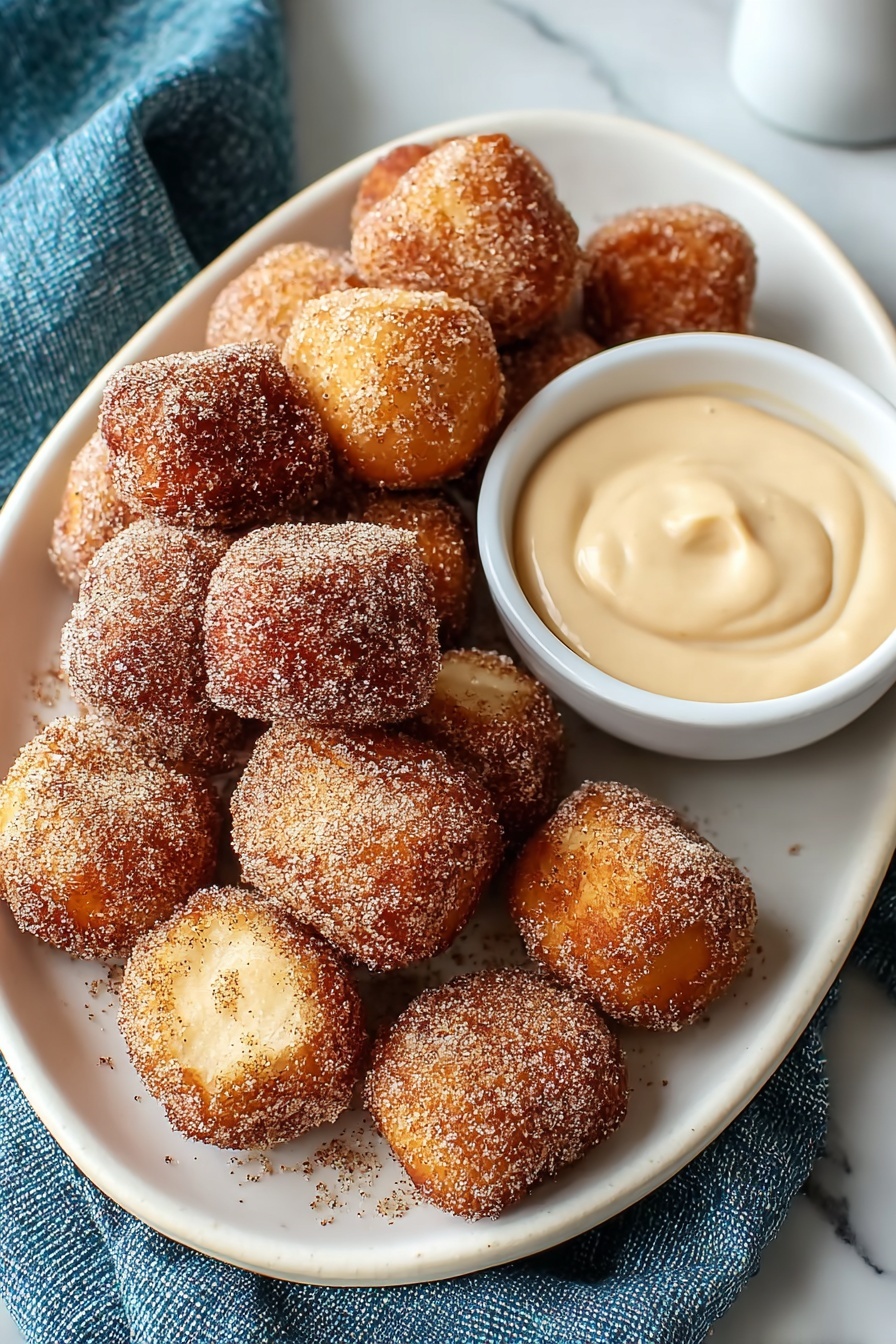 A plate of sugar covered doughnuts with a bowl of dipping sauce.
