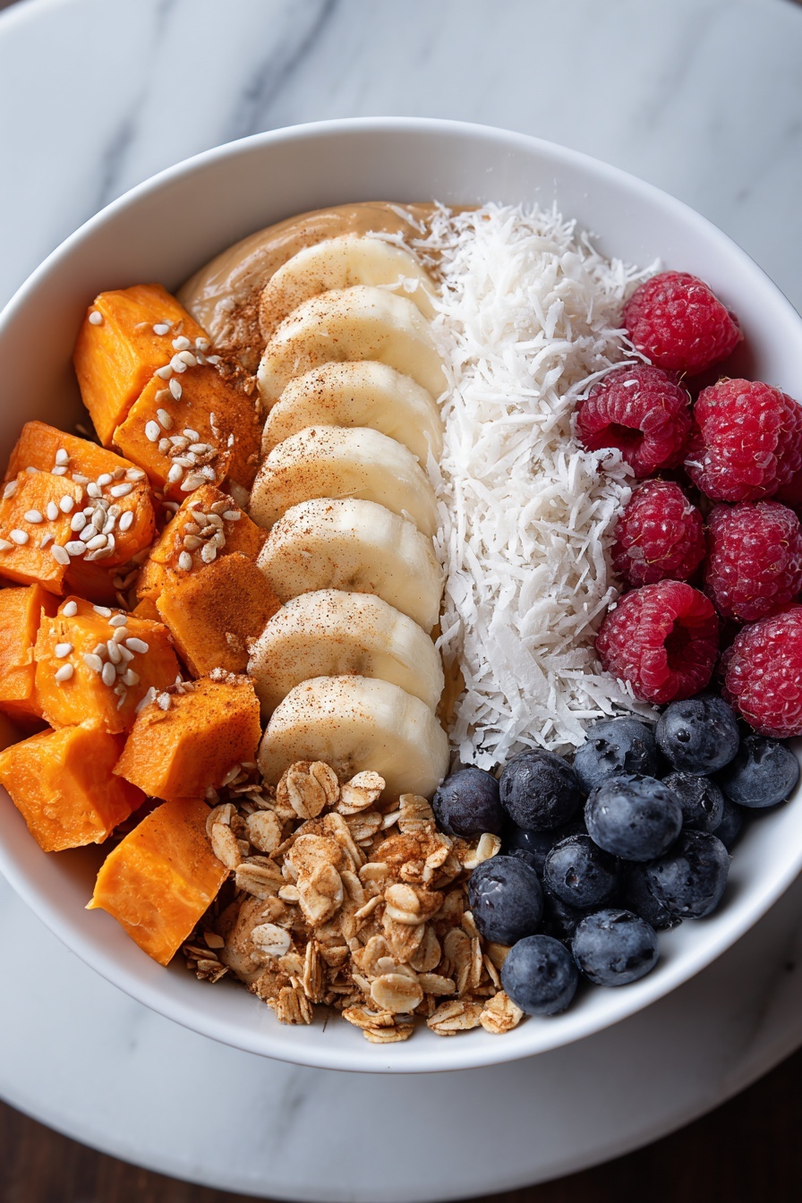 A bowl of fruit and nuts with a sweet potato.