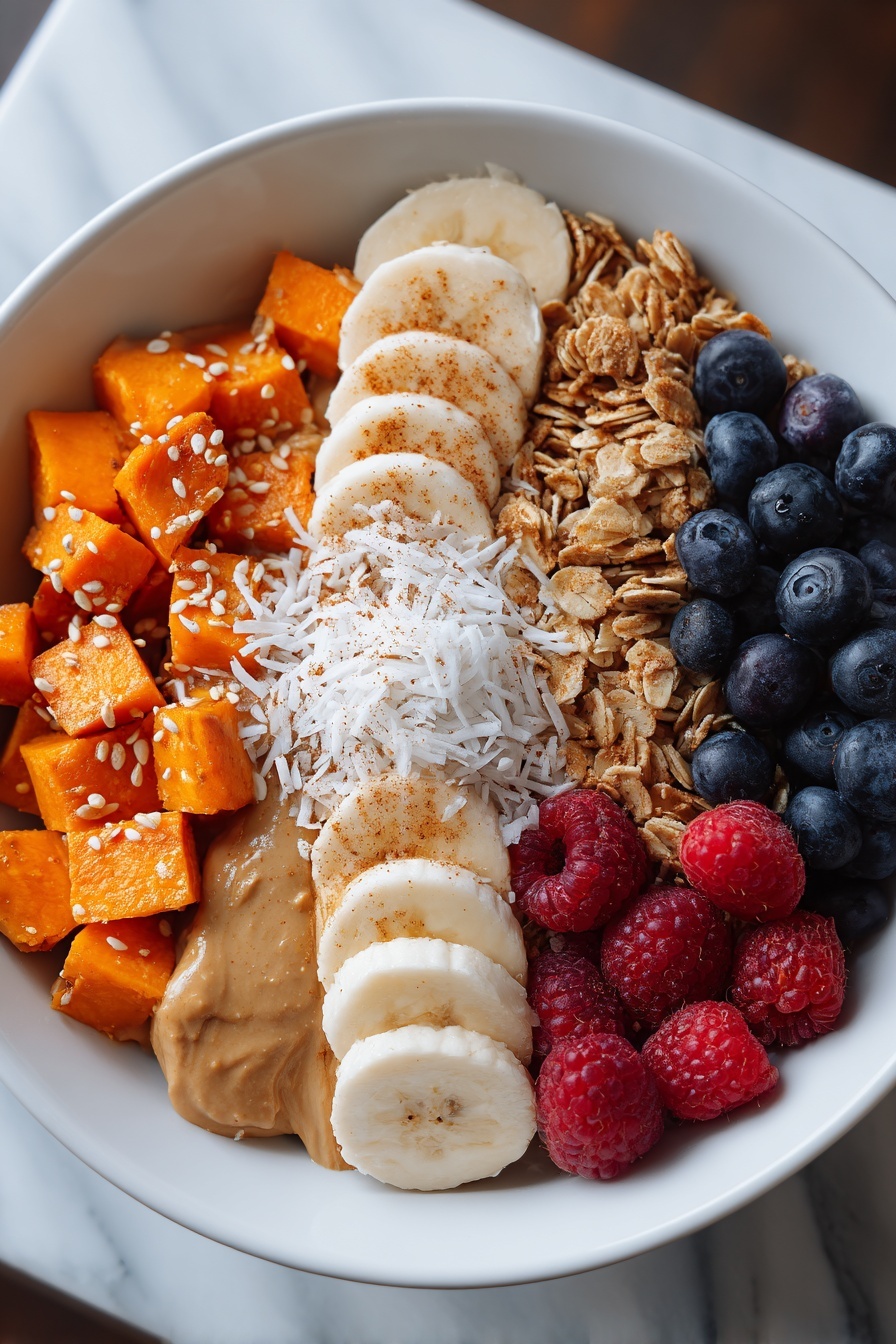 A bowl of fruit and nuts with a sweet potato.