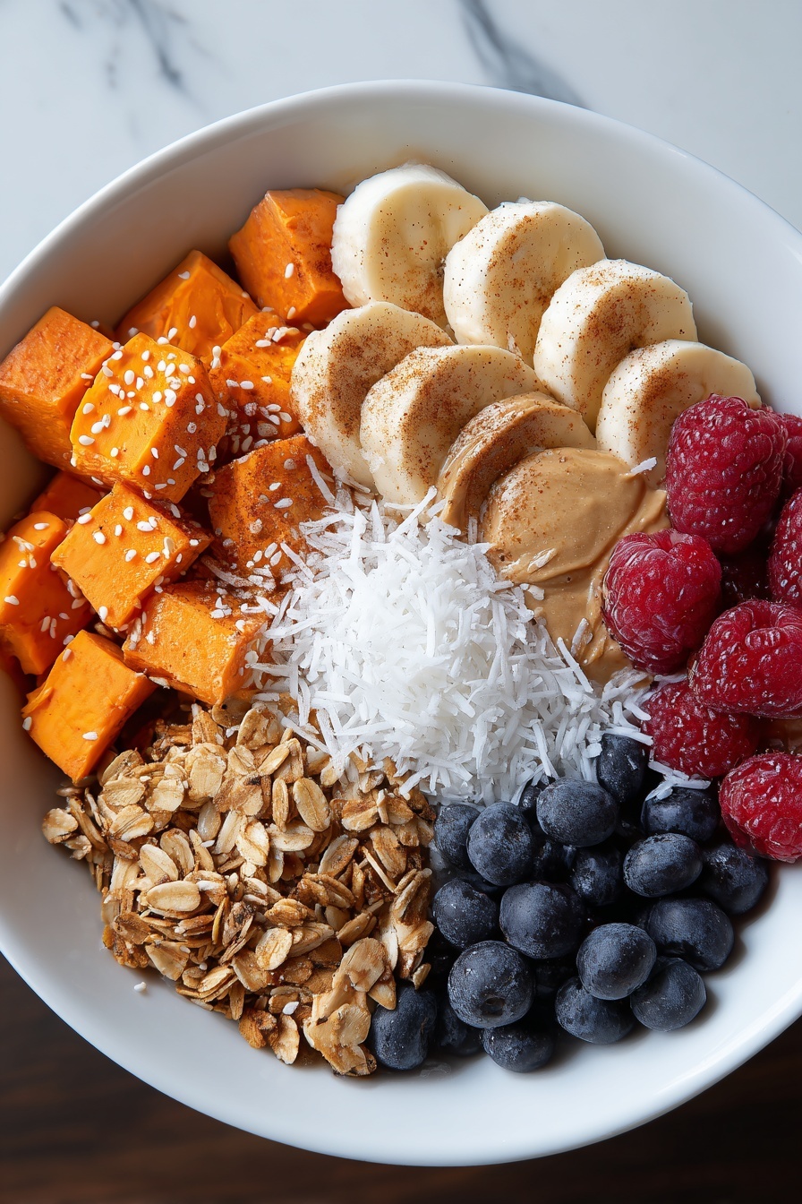 A bowl of food with sweet potatoes, bananas, blueberries, and almonds.